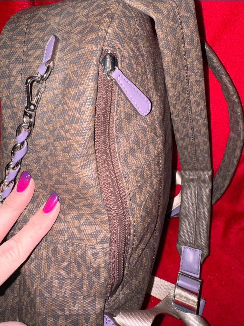 Michael Kors Brown Monogram Chain-Accent Backpack